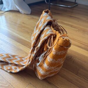 Authentic Colombian Wayuu Mochila Bucket Bag Mustard Cream Handmade